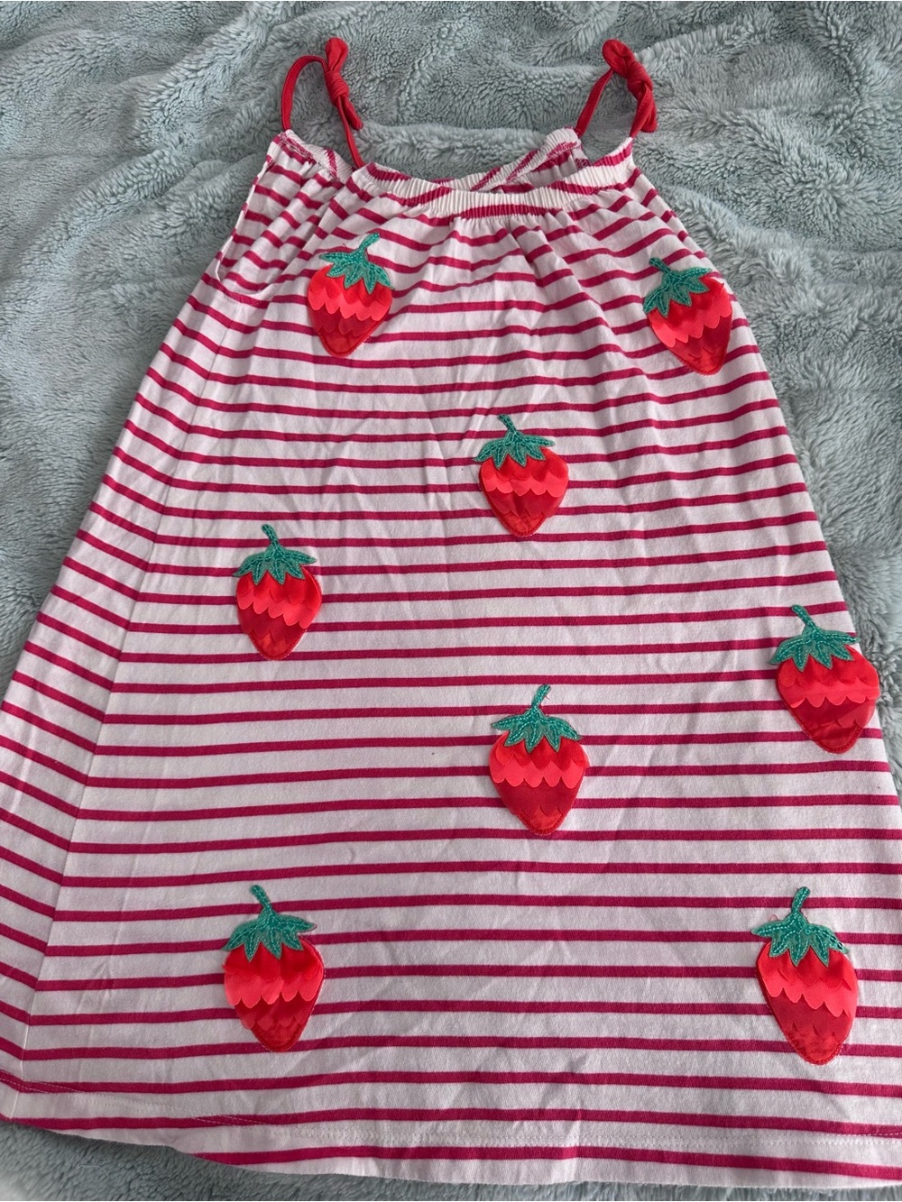 Mini Boden Pink and White Striped Dress with Red Strawberry Appliqués